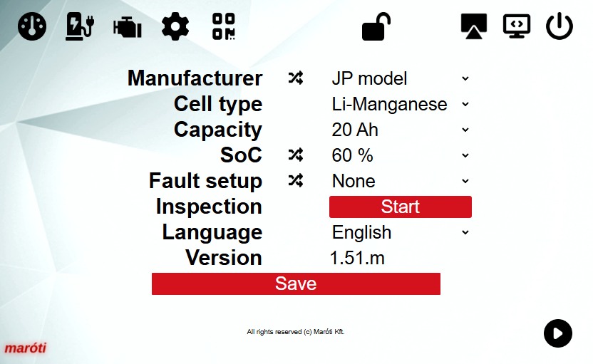 HV Battery Simulator settings interface